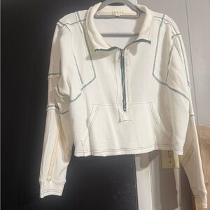 POL Cream and Green Waffle Knit Pullover